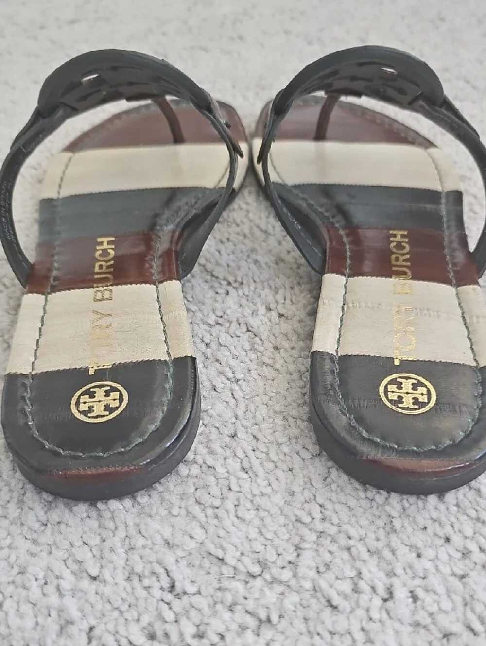 Tory Burch Brown and Cream Logo Leather Sandals